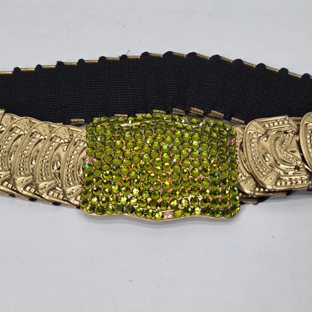 Vintage Waist Belt Stretch Gold Green Rhinestones OS Mermaid Scale Y2K Glam Boho